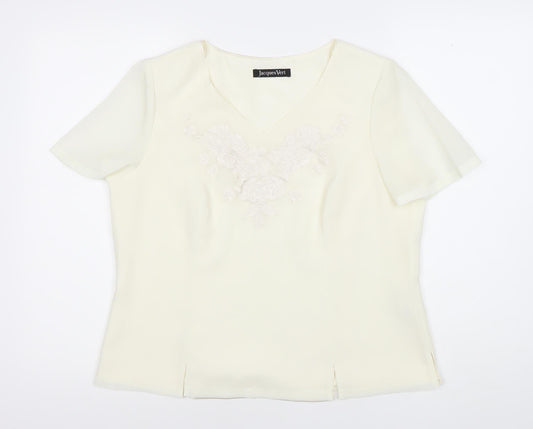 Jacques Vert Women Ivory Embroidered Blouse Size 14 V-Neck Top
