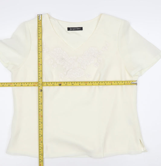 Jacques Vert Women Ivory Embroidered Blouse Size 14 V-Neck Top