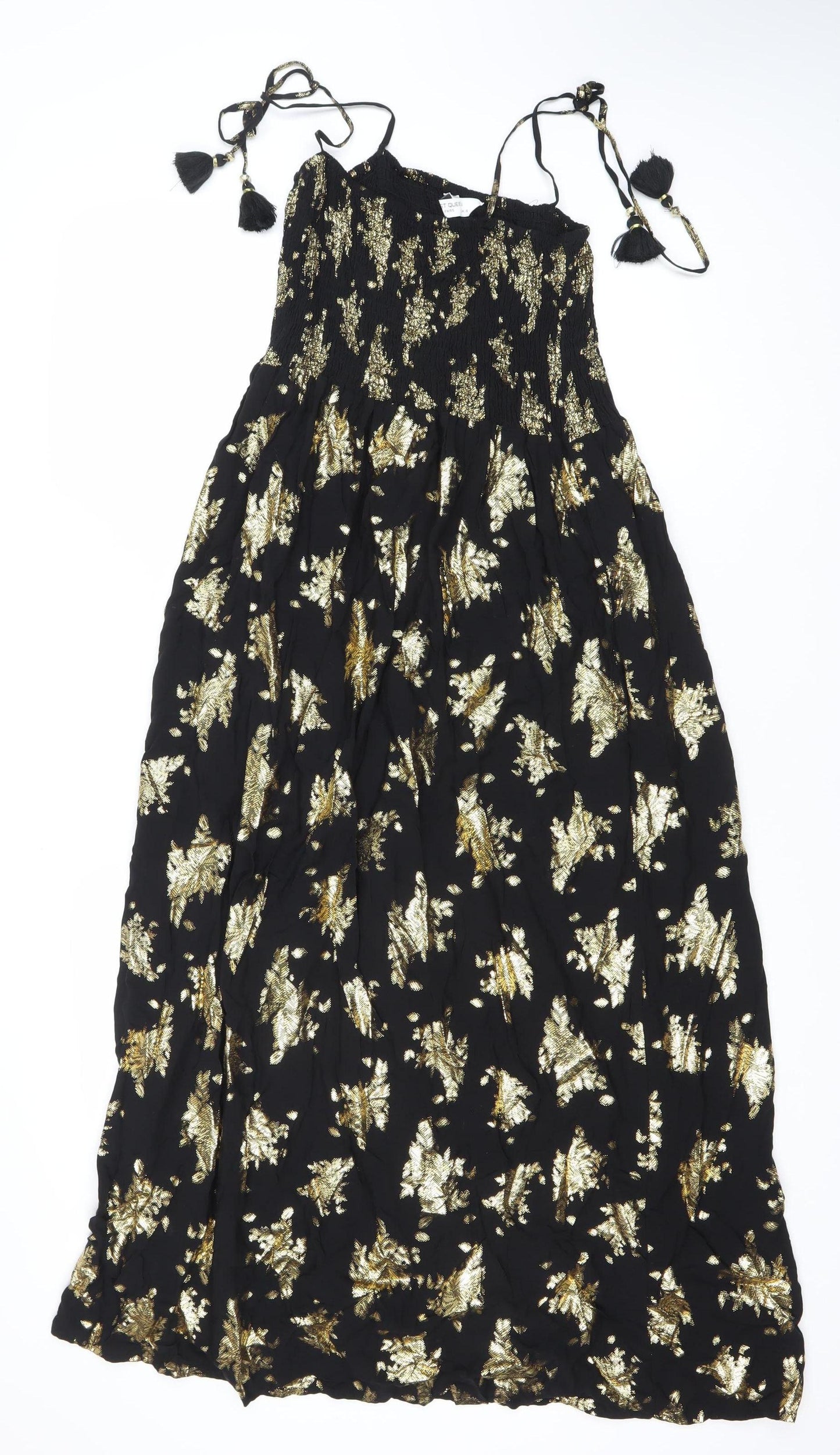 Last Queen Paris Women’s Black Gold Floral Halter Midi Dress Size 8