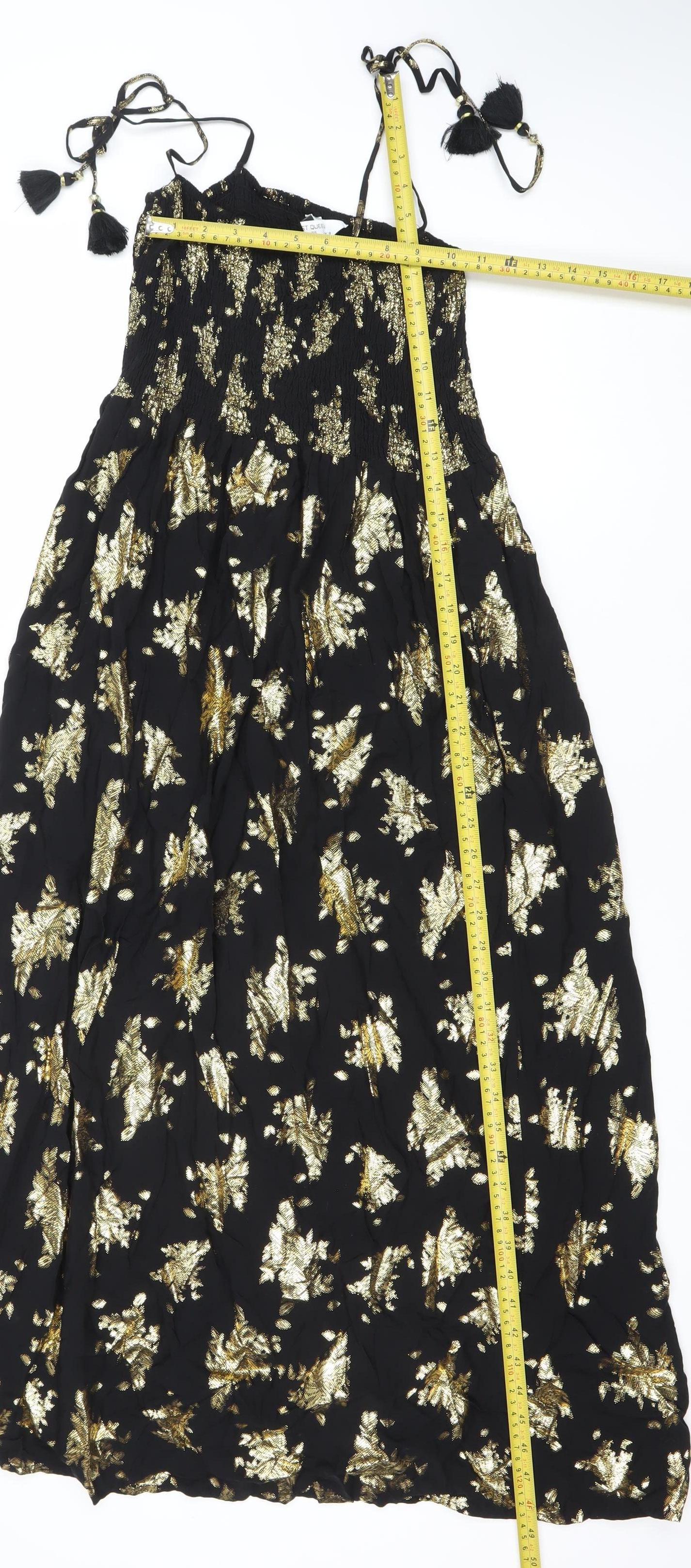 Last Queen Paris Women’s Black Gold Floral Halter Midi Dress Size 8