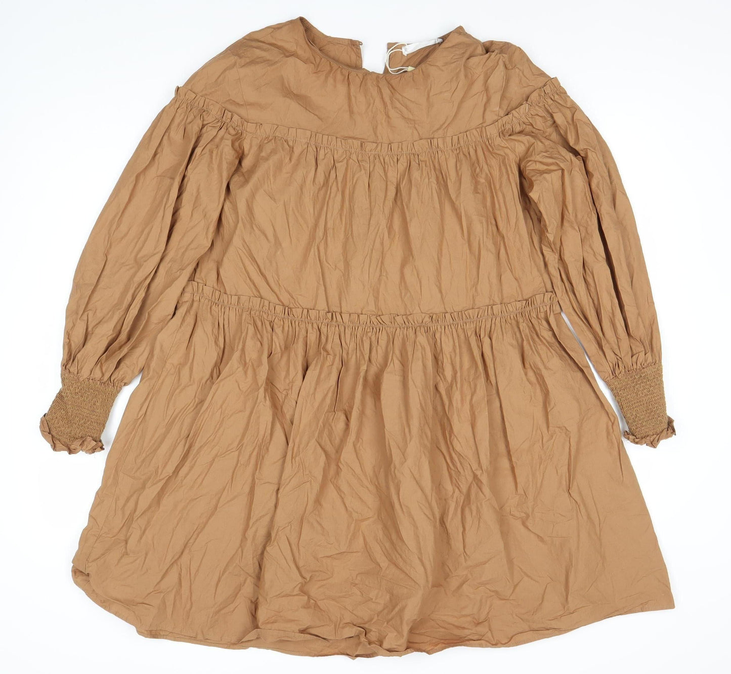 MNG Womens Brown Cotton A-Line Dress M Long Sleeve V-Neck