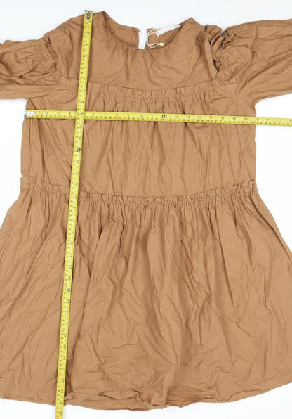 MNG Womens Brown Cotton A-Line Dress M Long Sleeve V-Neck
