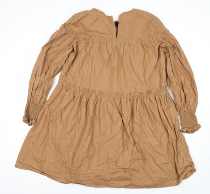 MNG Womens Brown Cotton A-Line Dress M Long Sleeve V-Neck