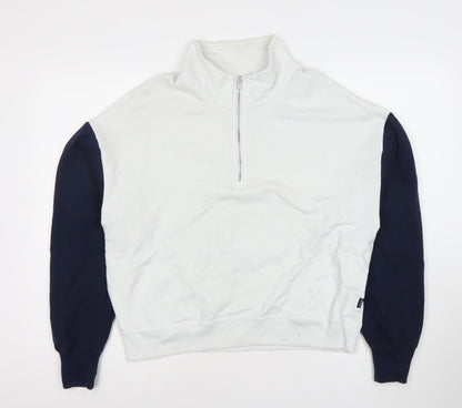 Hollister Womens White Navy Sweatshirt M 1/2 Zip Cotton Blend
