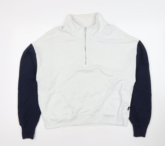 Hollister Womens White Navy Sweatshirt M 1/2 Zip Cotton Blend