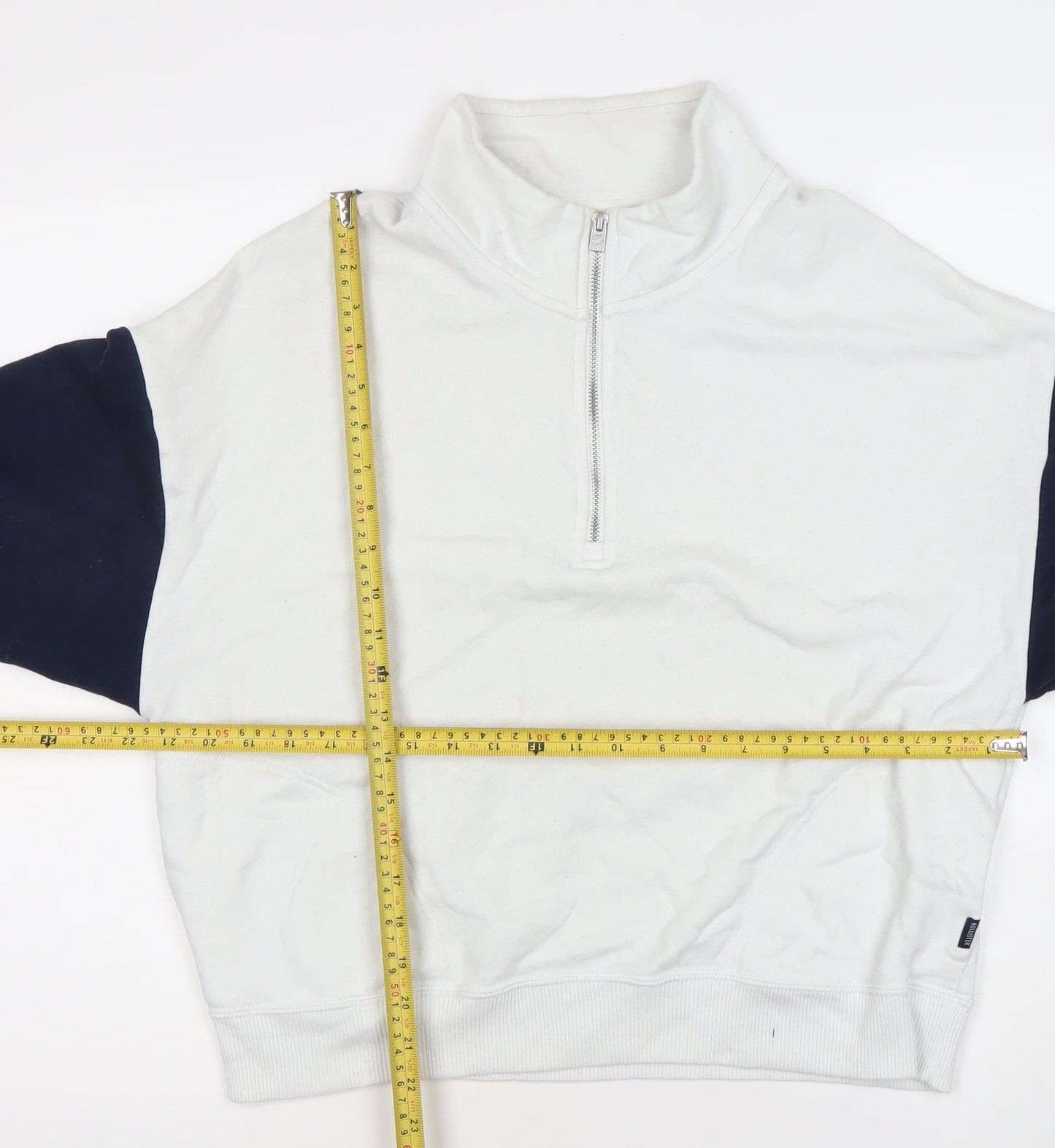 Hollister Womens White Navy Sweatshirt M 1/2 Zip Cotton Blend
