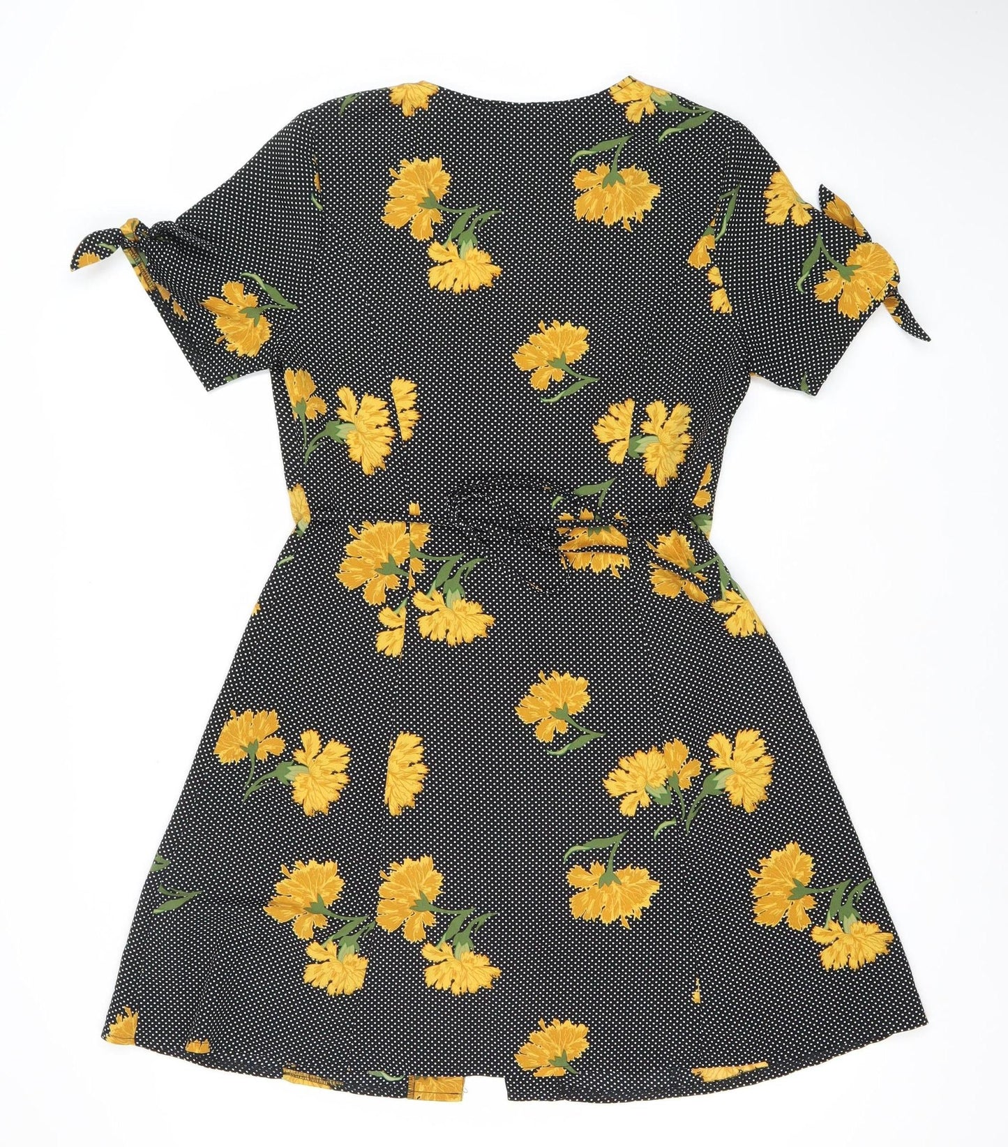 Primark Womens Black Yellow Floral Wrap Dress Size 12 Sleeveless V-Neck