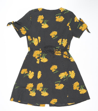 Primark Womens Black Yellow Floral Wrap Dress Size 12 Sleeveless V-Neck