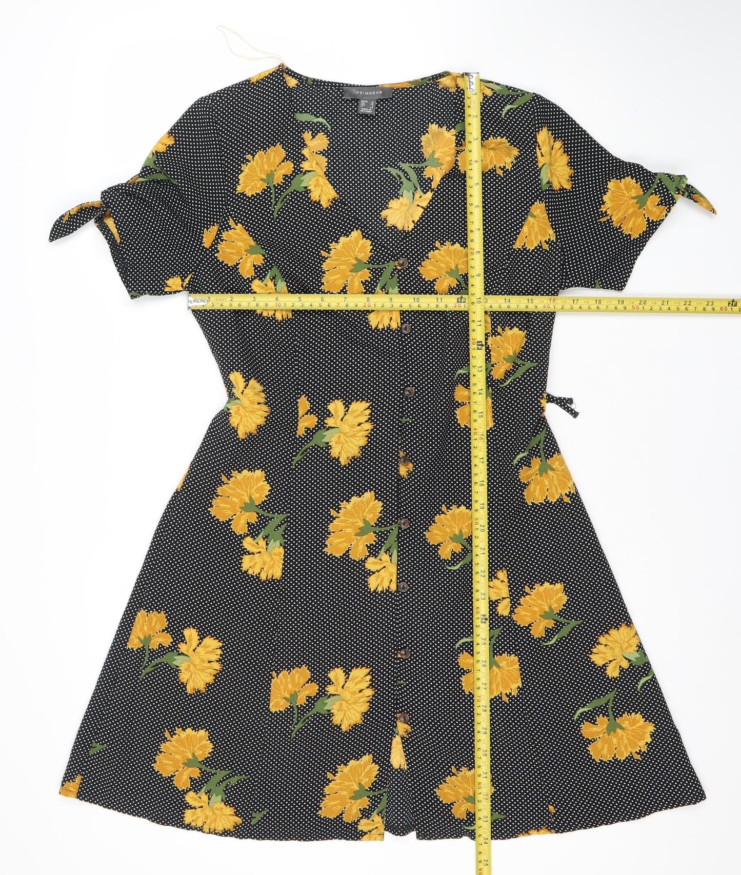 Primark Womens Black Yellow Floral Wrap Dress Size 12 Sleeveless V-Neck