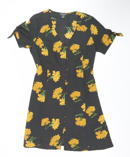 Primark Womens Black Yellow Floral Wrap Dress Size 12 Sleeveless V-Neck