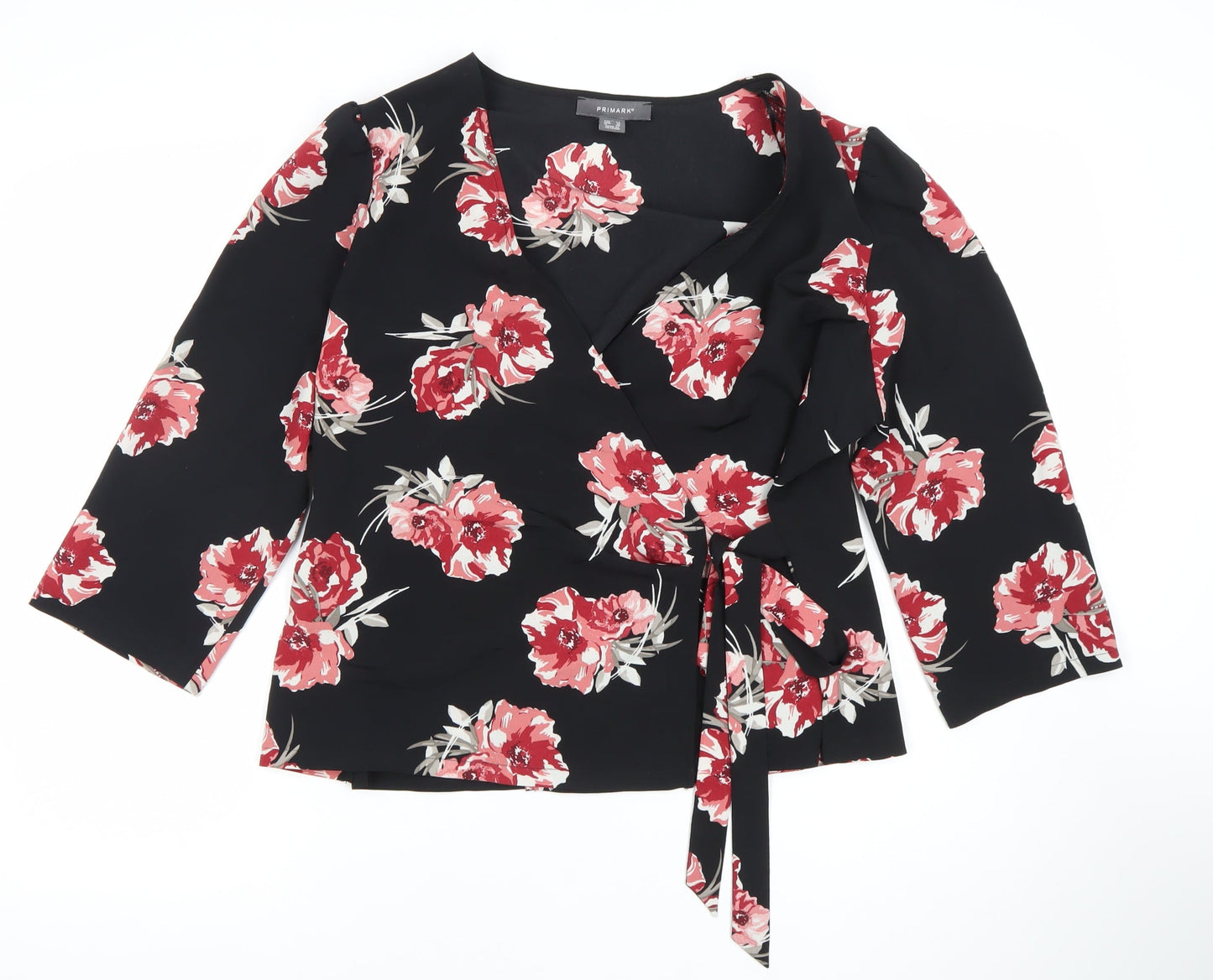 Primark Womens Black Floral Wrap Blouse Size 14 V-Neck 3/4 Sleeve