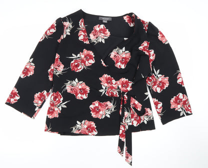 Primark Womens Black Floral Wrap Blouse Size 14 V-Neck 3/4 Sleeve