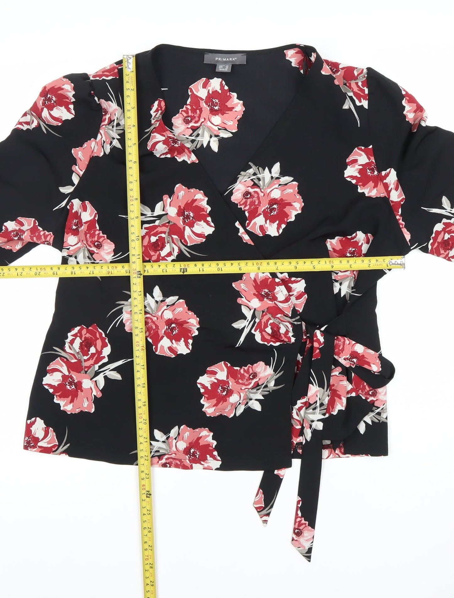 Primark Womens Black Floral Wrap Blouse Size 14 V-Neck 3/4 Sleeve