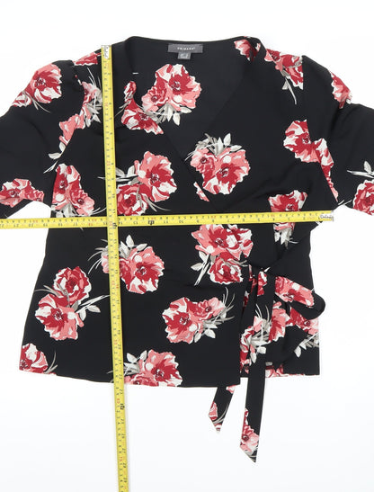 Primark Womens Black Floral Wrap Blouse Size 14 V-Neck 3/4 Sleeve