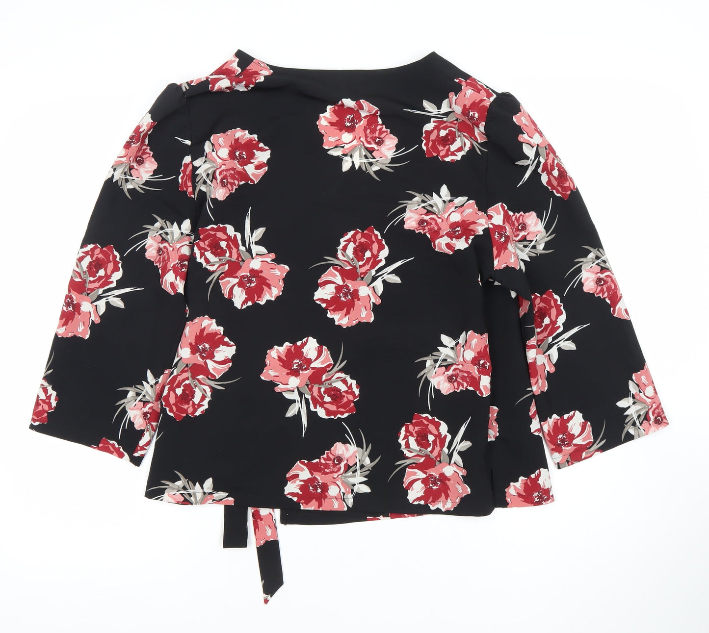 Primark Womens Black Floral Wrap Blouse Size 14 V-Neck 3/4 Sleeve