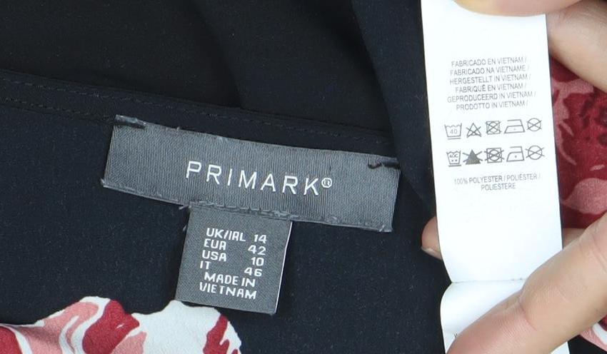 Primark Womens Black Floral Wrap Blouse Size 14 V-Neck 3/4 Sleeve