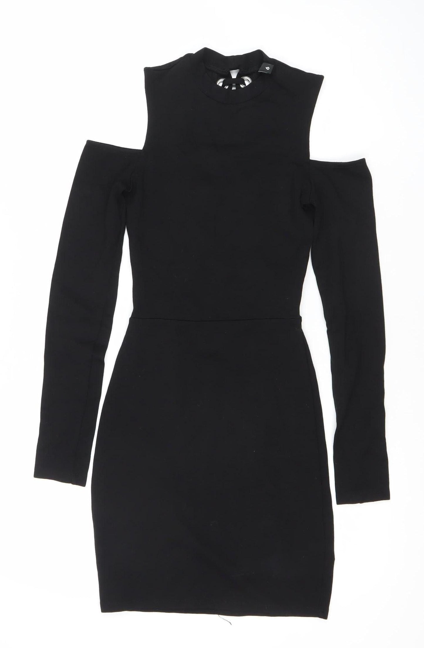 H&M Divided Women’s Black Bodycon Mini Dress Size 6 Lace Up Long Sleeve