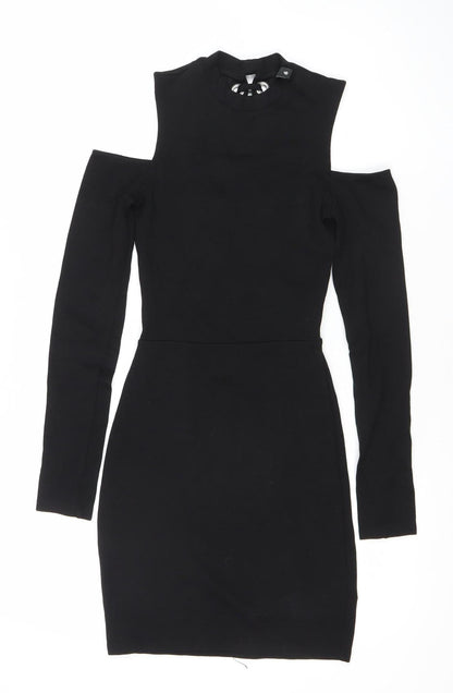 H&M Divided Women’s Black Bodycon Mini Dress Size 6 Lace Up Long Sleeve