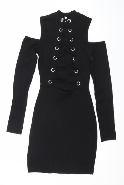 H&M Divided Women’s Black Bodycon Mini Dress Size 6 Lace Up Long Sleeve