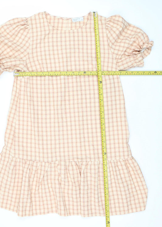 Papaya Women’s Beige Check Shift Dress Size 12 Puff Sleeve Ruffle