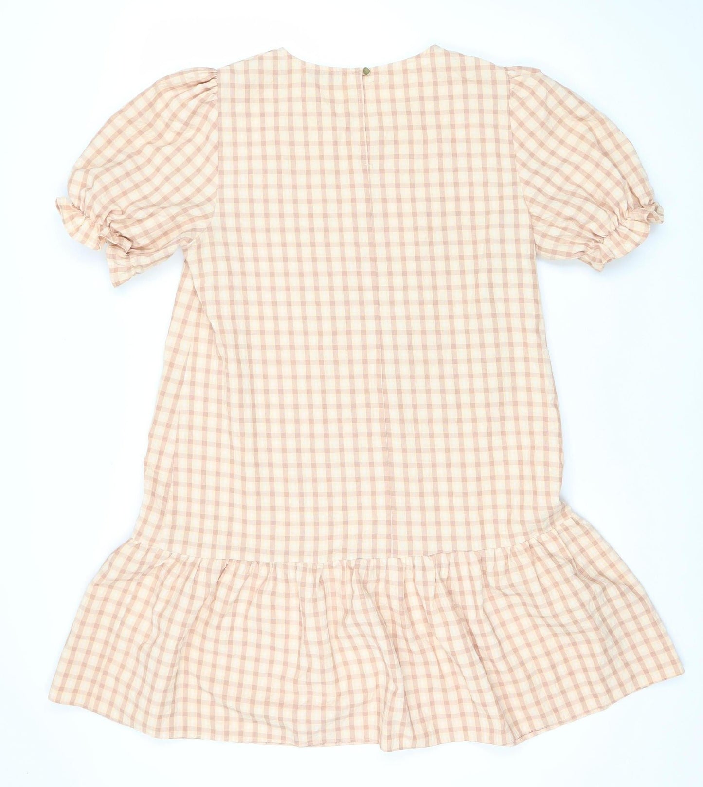 Papaya Women’s Beige Check Shift Dress Size 12 Puff Sleeve Ruffle
