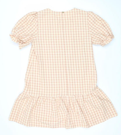 Papaya Women’s Beige Check Shift Dress Size 12 Puff Sleeve Ruffle