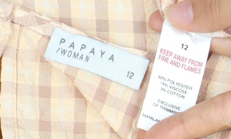 Papaya Women’s Beige Check Shift Dress Size 12 Puff Sleeve Ruffle