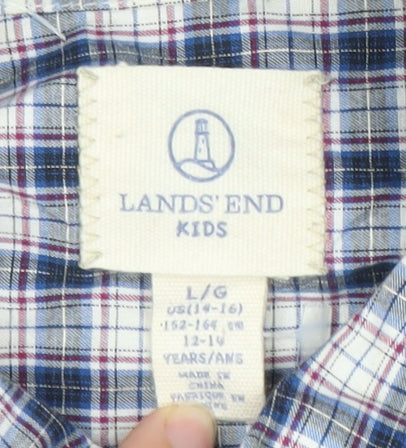 Lands' End Boys Blue Checked Cotton Long Sleeve Button-Down Shirt 12-14Y