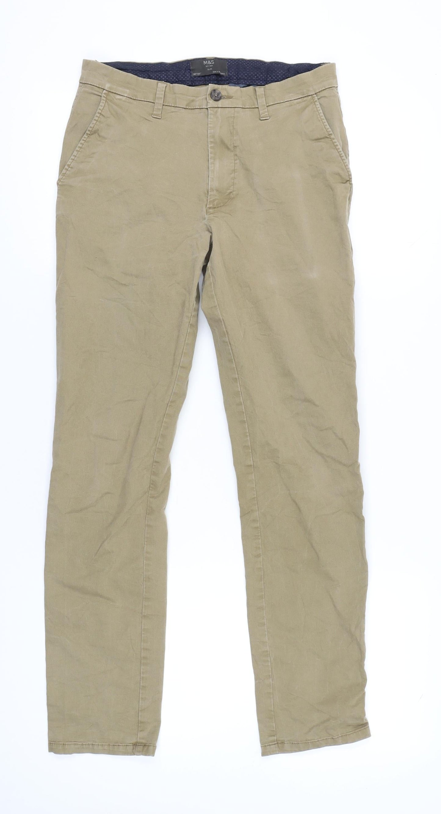 Marks and Spencer Mens Beige Slim Fit Chino Trousers 30W 33L