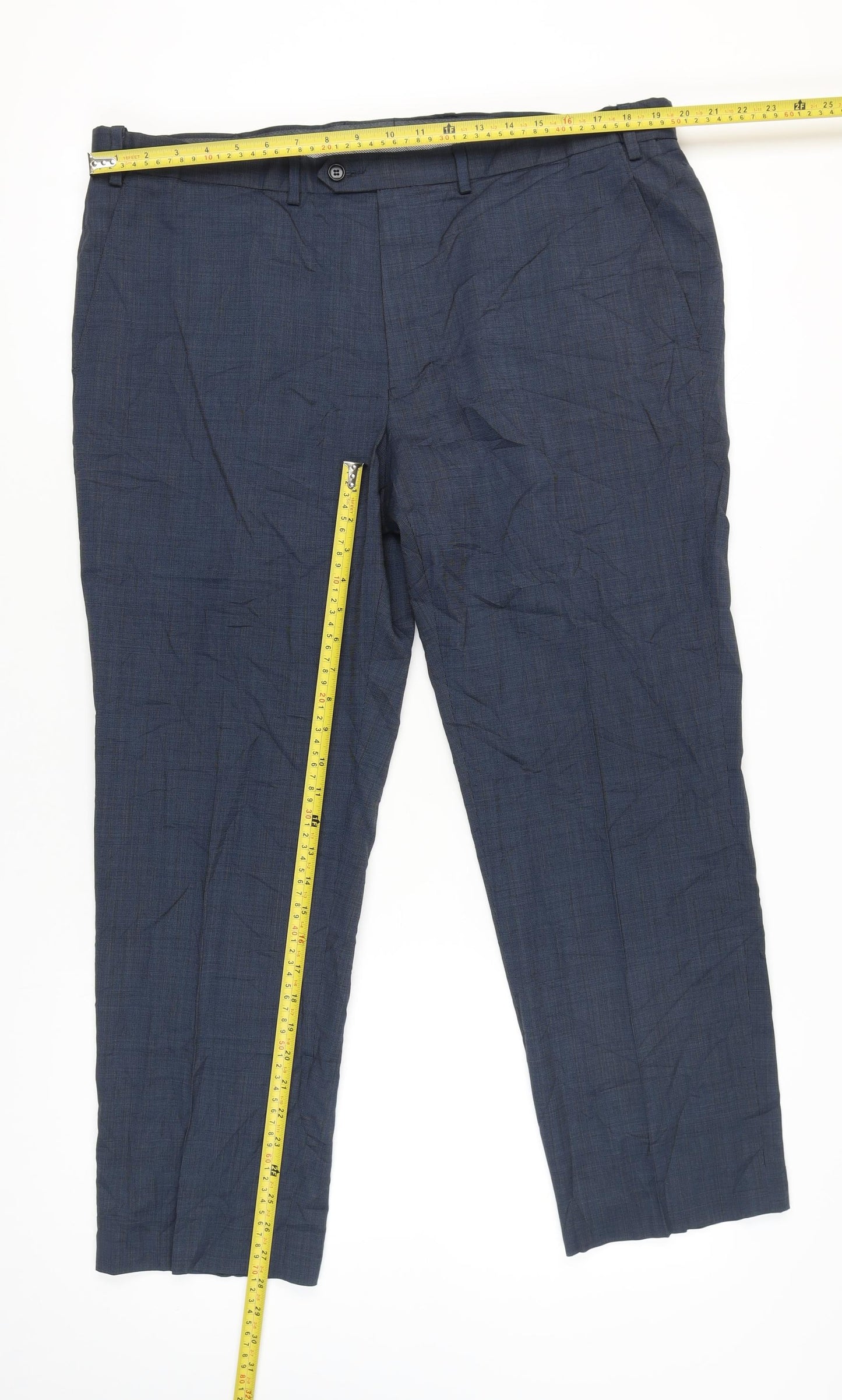 Marks and Spencer Men's Blue Check Dress Trousers Size 40W 29L Wool Blend