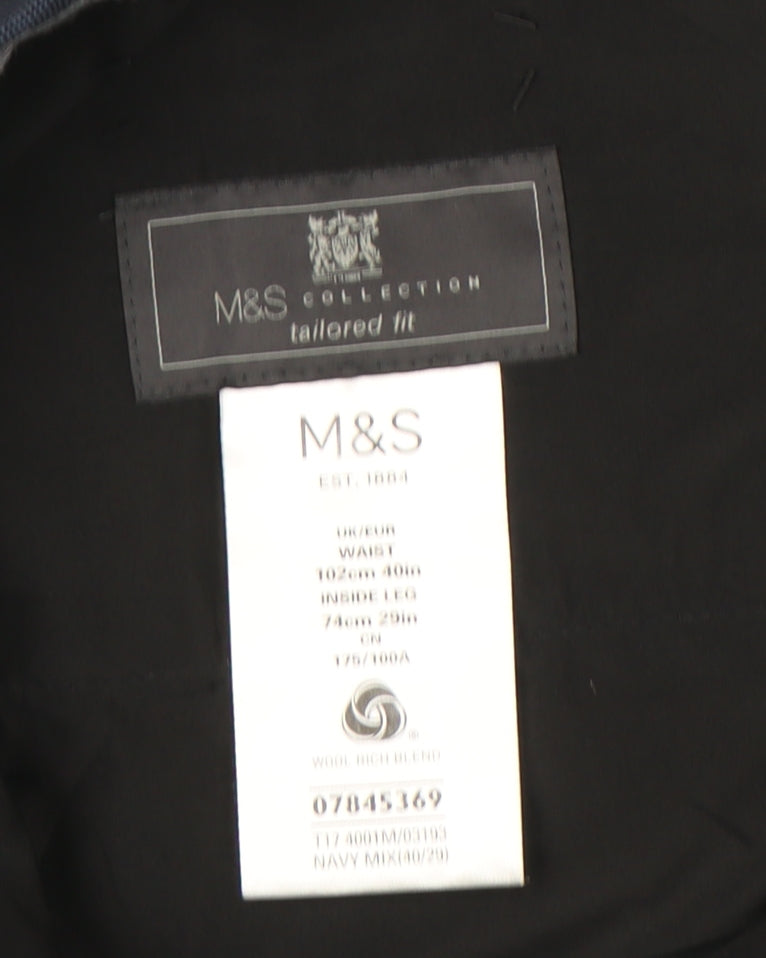 Marks and Spencer Men's Blue Check Dress Trousers Size 40W 29L Wool Blend