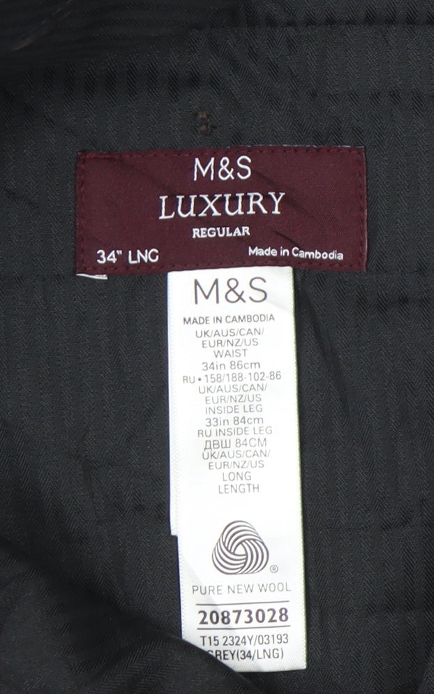 Marks and Spencer Mens Grey Wool Dress Pants 34W 33L Regular Fit