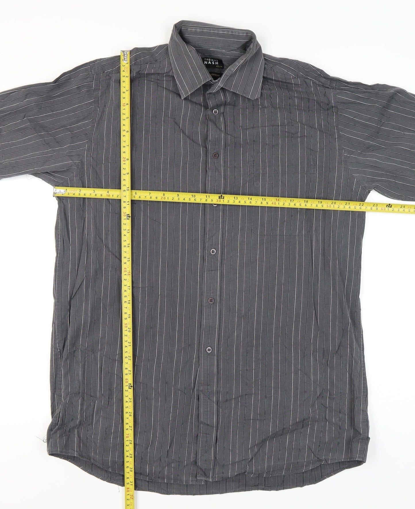 Thomas Nash Men’s Grey Striped Cotton Long Sleeve Button-Up Shirt Size 16.5 / 42in
