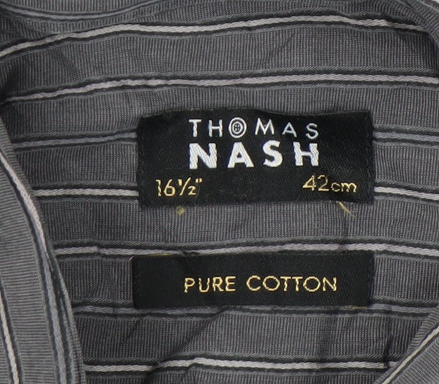 Thomas Nash Men’s Grey Striped Cotton Long Sleeve Button-Up Shirt Size 16.5 / 42in