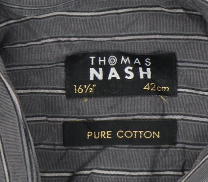 Thomas Nash Men’s Grey Striped Cotton Long Sleeve Button-Up Shirt Size 16.5 / 42in