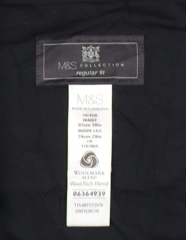 Marks and Spencer Mens Grey Wool Blend Dress Pants 38x29 Regular Fit