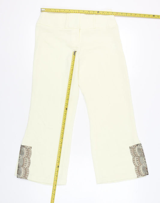 River Island Women’s Ivory Cropped Trousers Size 10 Embroidered