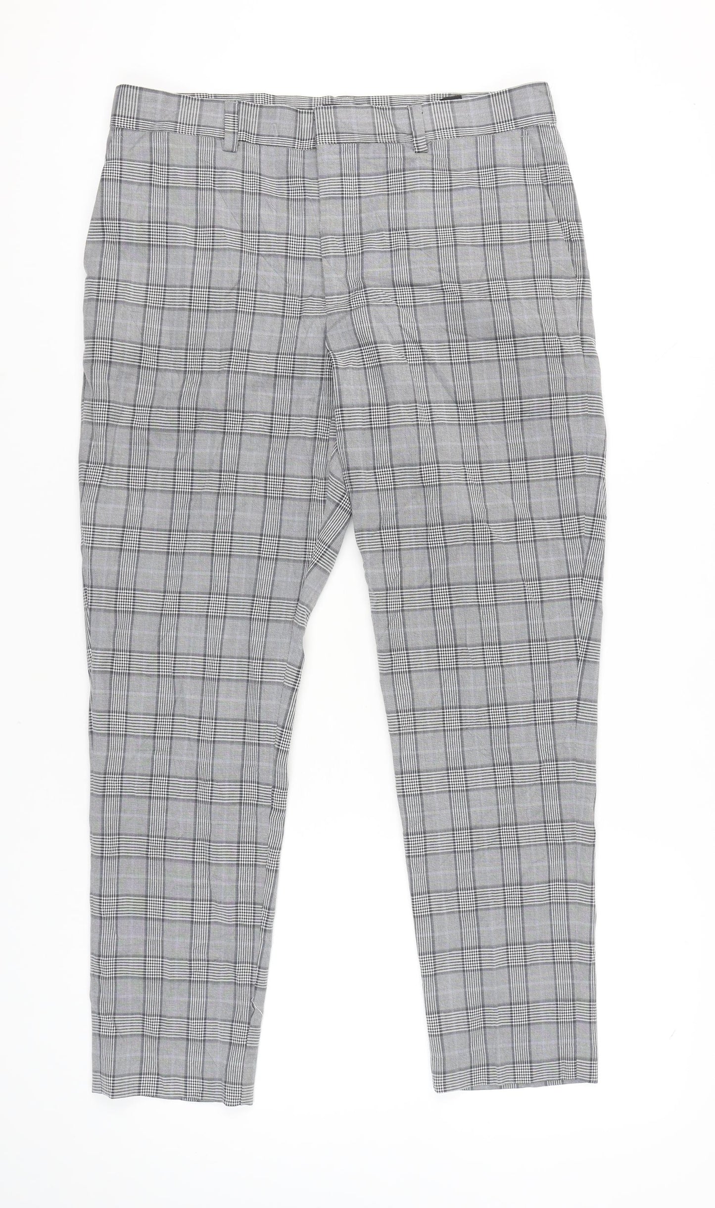 H&M Mens Grey Check Slim Fit Chino Trousers Size 33 Straight Leg