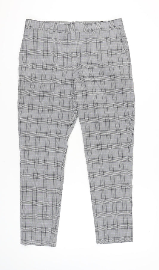 H&M Mens Grey Check Slim Fit Chino Trousers Size 33 Straight Leg