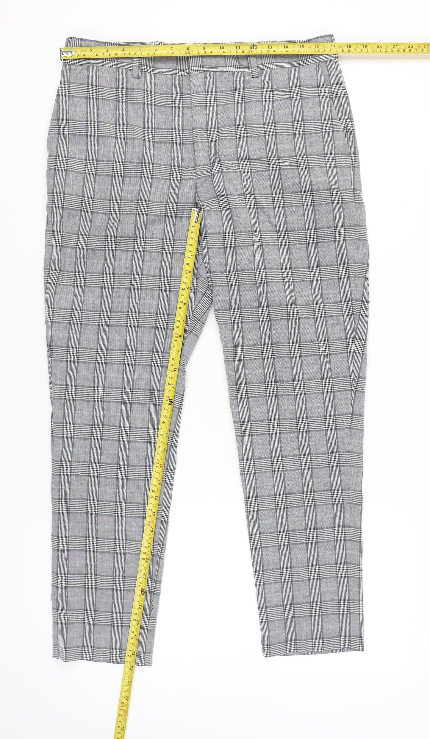 H&M Mens Grey Check Slim Fit Chino Trousers Size 33 Straight Leg