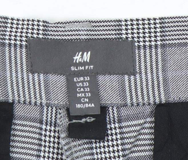 H&M Mens Grey Check Slim Fit Chino Trousers Size 33 Straight Leg