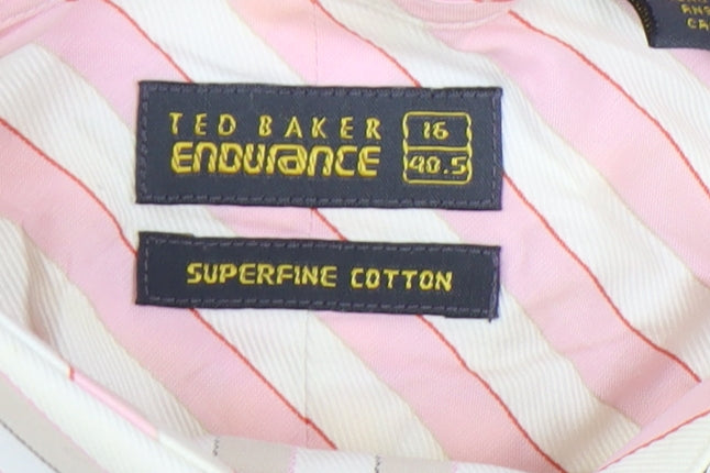 Ted Baker Men’s Beige Striped Cotton Long Sleeve Dress Shirt Size 16