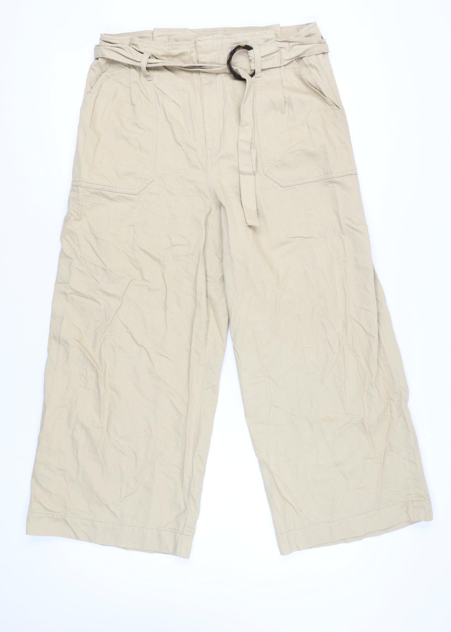 Warehouse Women’s Beige Paperbag Wide-Leg Cotton Trousers Size 16