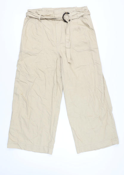 Warehouse Women’s Beige Paperbag Wide-Leg Cotton Trousers Size 16