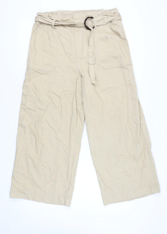Warehouse Women’s Beige Paperbag Wide-Leg Cotton Trousers Size 16