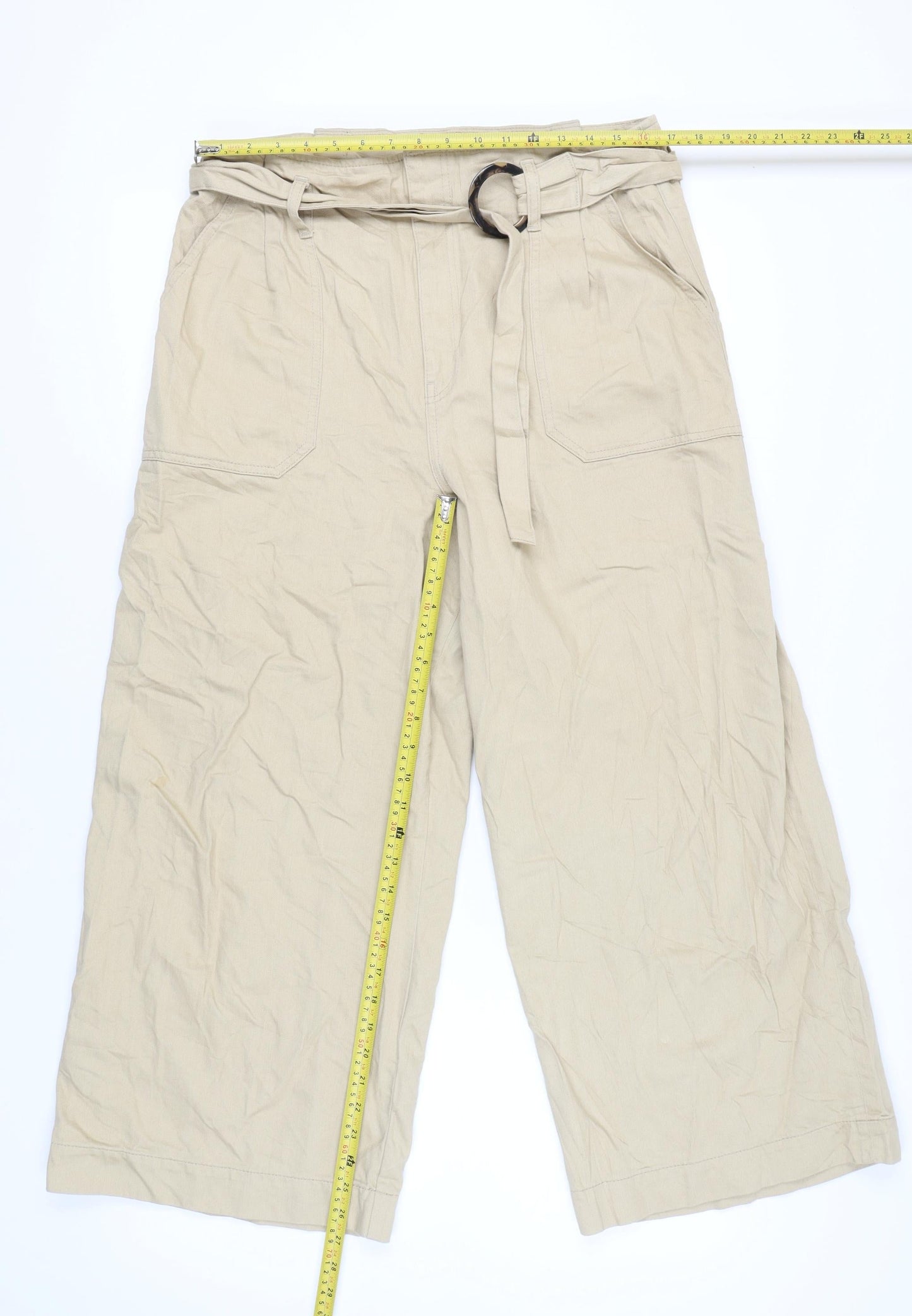 Warehouse Women’s Beige Paperbag Wide-Leg Cotton Trousers Size 16
