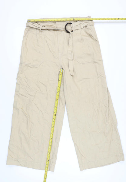 Warehouse Women’s Beige Paperbag Wide-Leg Cotton Trousers Size 16
