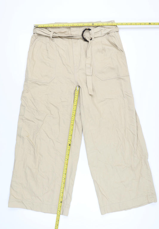 Warehouse Women’s Beige Paperbag Wide-Leg Cotton Trousers Size 16