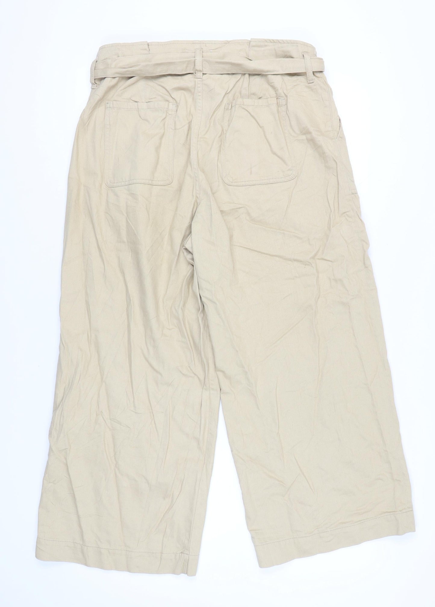 Warehouse Women’s Beige Paperbag Wide-Leg Cotton Trousers Size 16
