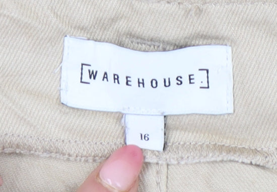 Warehouse Women’s Beige Paperbag Wide-Leg Cotton Trousers Size 16